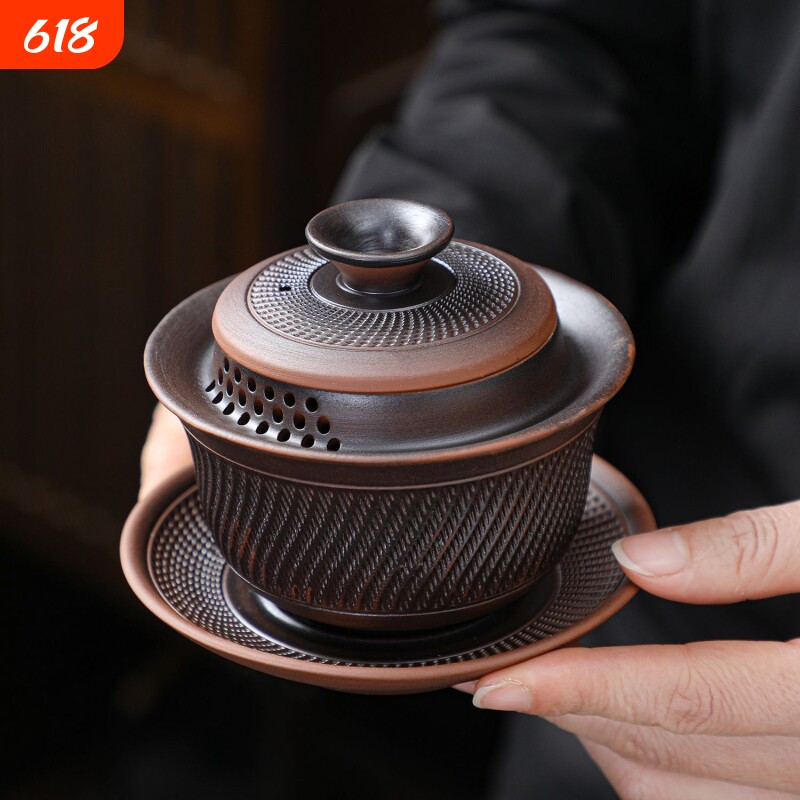 建水紫陶盖碗茶具三才盖防烫泡茶壶功夫茶具高档壶承茶具套装