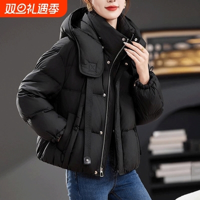 户外短款羽绒服女2025新款冬季妈妈面包服好看显瘦90白鸭绒黑色