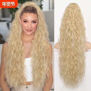 欧美假发女长卷发水波纹马尾化纤假发蓬松玉米烫抓夹马尾ponytail