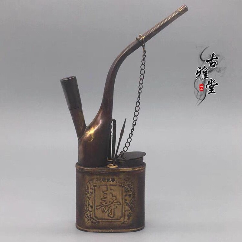 民国收藏古玩杂项寿比南山不老松纯铜水烟壶寿星烟壶烟杆老式水烟
