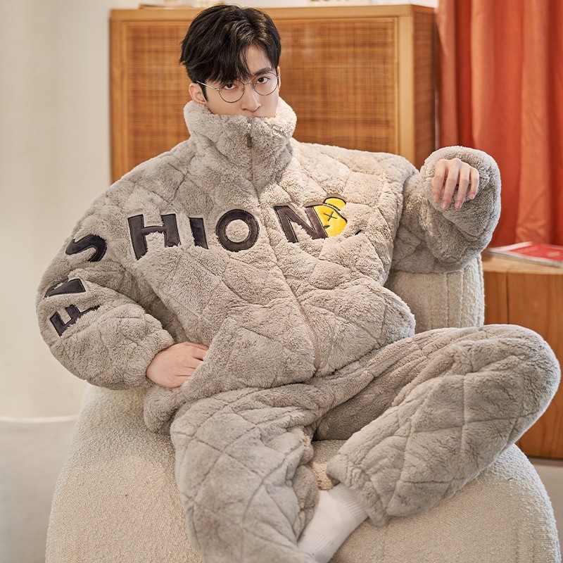 睡衣男冬季加厚加绒三层夹棉保暖珊瑚绒秋冬款男士家居服拉链连帽