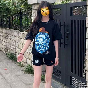 ape短袖t恤夏季男女学生潮牌纯棉猿人迷彩SHARK BAPE中大童亲子装