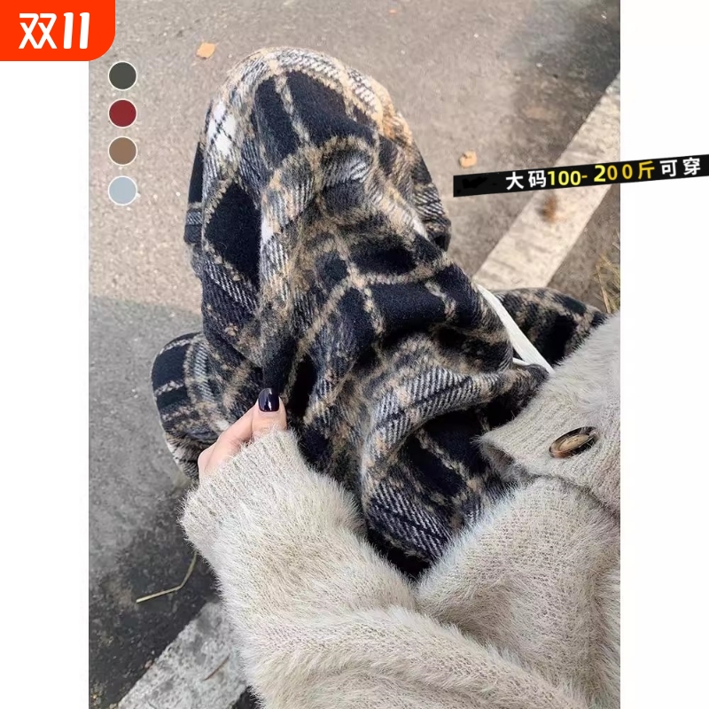 藏青色大码格子裤子女秋冬2025新款高腰垂感阔腿裤休闲加厚毛呢裤