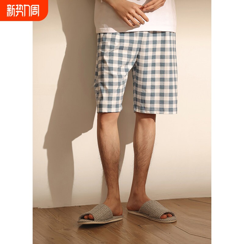 红豆纯棉男短睡裤居家格子短裤全棉家居裤大裤衩居家服夏季薄款睡