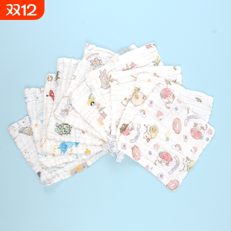 婴儿纯棉纱布印花方巾A类认证全棉洗脸巾六层纱布口水巾母婴柔软