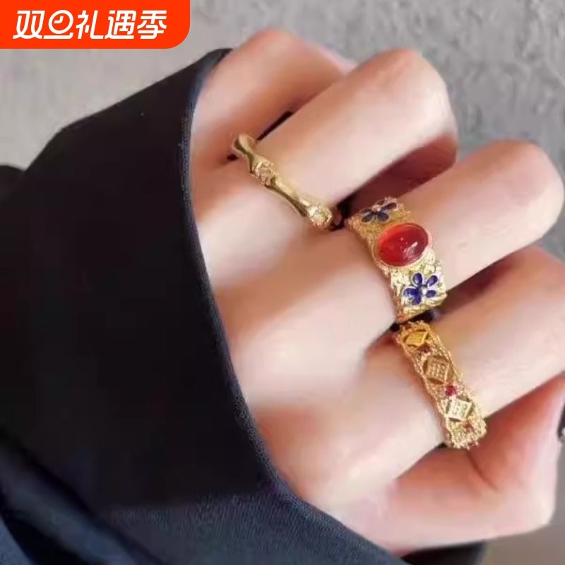 宫廷风复古金色珐琅五叶竹节锆石戒指新中式时尚高级感开口指环