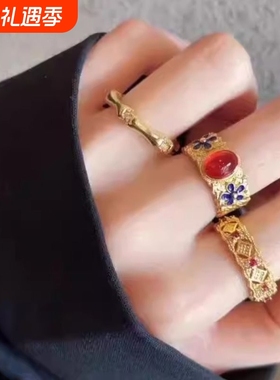 宫廷风复古金色珐琅五叶竹节锆石戒指新中式时尚高级感开口指环