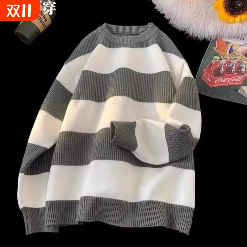 毛衣条纹圆领宽松套头慵懒大码