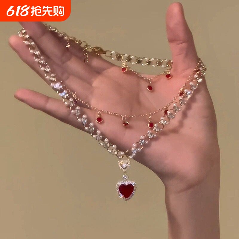 「闪耀之心」珍珠爱心红色双层叠戴项链女公主轻奢高级感夏锁骨链