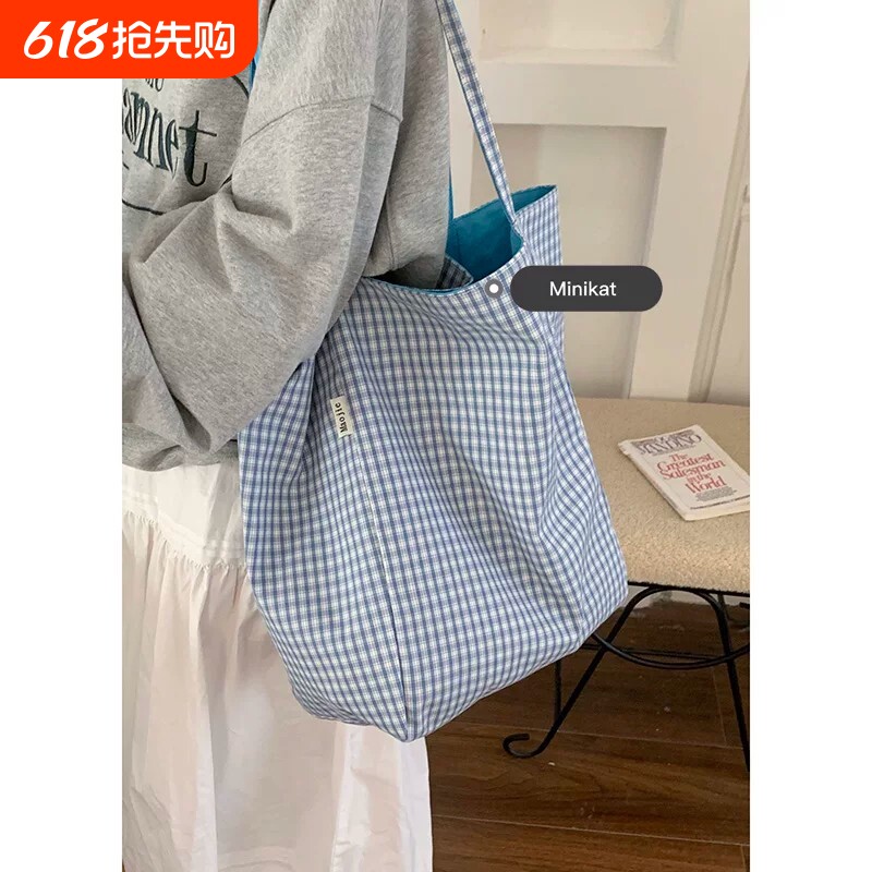 学院风格子帆布包包女2026新款潮时尚韩版托特包休闲大容量购物袋
