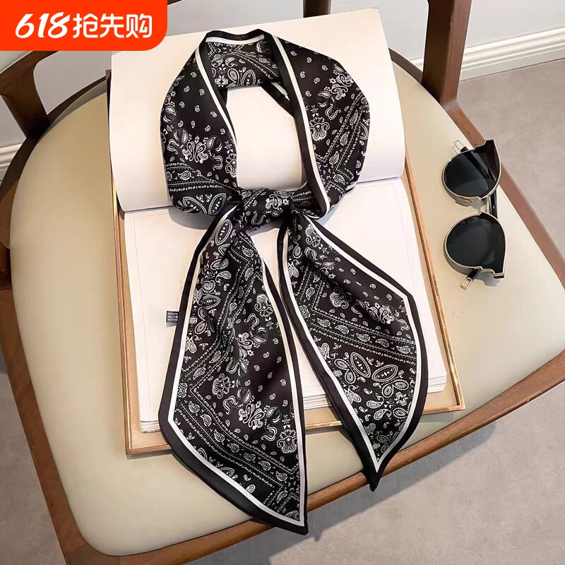 长条小丝巾女春秋夏季黑色护颈围脖子搭配衬衫飘带丝带腰带薄围巾