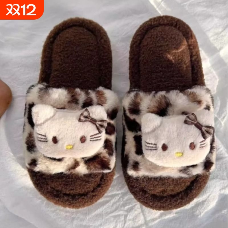2025新款秋冬棉拖舒适豹纹小众设计毛毛拖鞋居家室内防滑棉拖鞋女