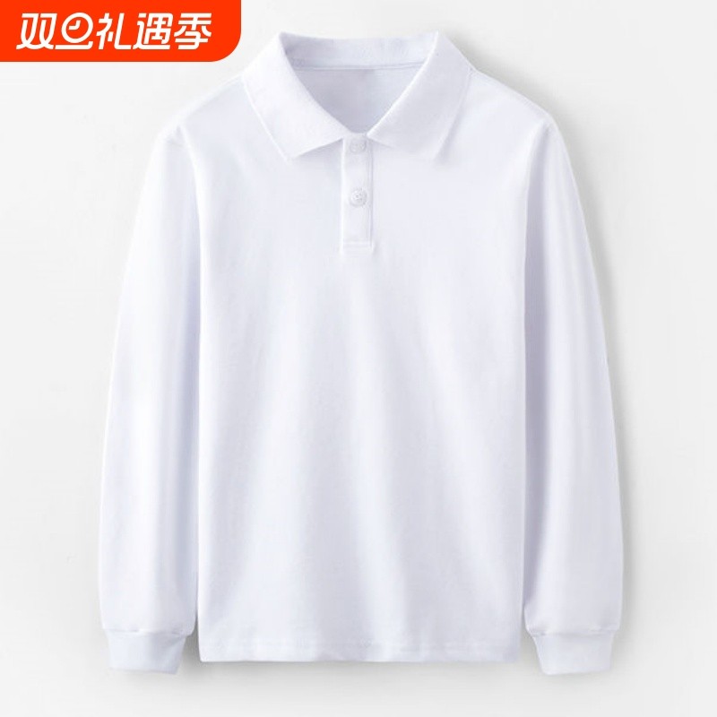 男女儿童校服纯棉长袖白色POLO衫翻领春秋季中小学生纯白班服T恤