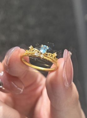 中古vintage金色镂空皇冠戒指女时尚轻奢镶嵌锆石高级感开口指环