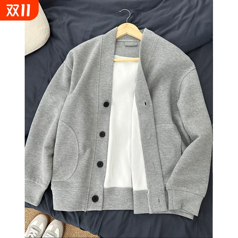日系复古慵懒风灰色华夫格V领开衫卫衣男秋冬季休闲帅气运动外套