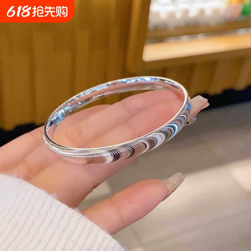 幂琳猫眼银手镯女纯银9999足银拉丝闭口实心银镯子小众设新款蝴蝶