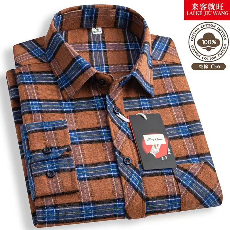 中老年男士纯棉100%长袖衬衫薄款休闲商务衬衣爸爸装秋季格子棉花