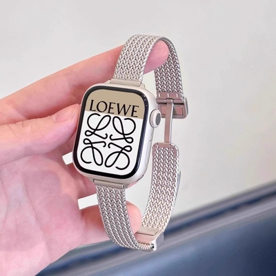 适用applewatchS9金属苹果S10新款麦穗磁吸扣手表带iwatch7高级感夏天SE男女生6智能5运动41/42mm透气腕带ins