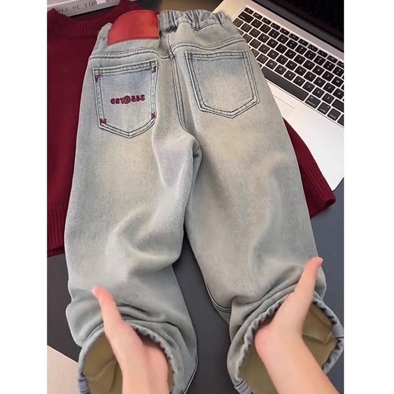 女童裤子冬季加绒加厚牛仔长裤