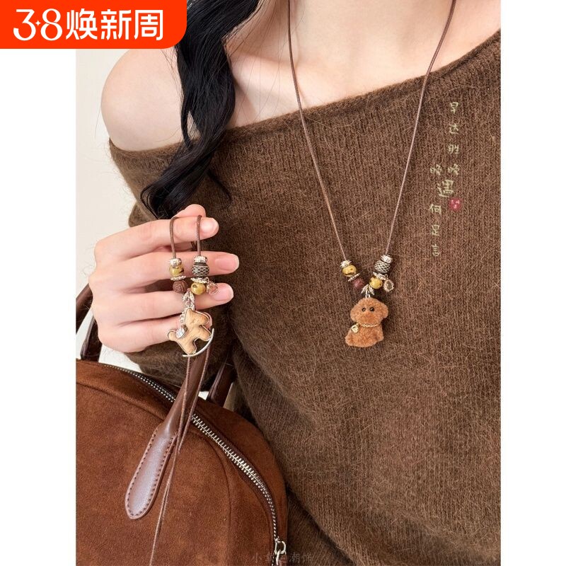 木质小马长款串珠项链女2025新款秋冬日常百搭吊坠毛衣链装饰配饰
