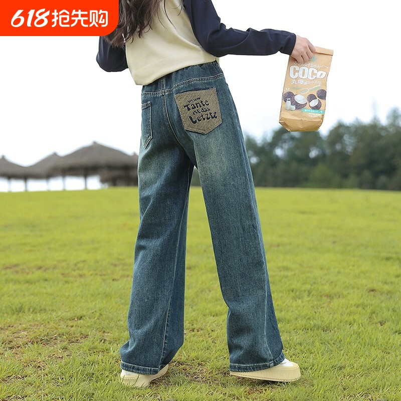童装女童春秋冬季加绒牛仔阔腿裤儿童一体绒加厚中大童直筒裤中腰