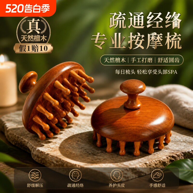 高端檀木圆盘洗头梳头皮按摩梳头部经络疏通神器头疗养发木梳子