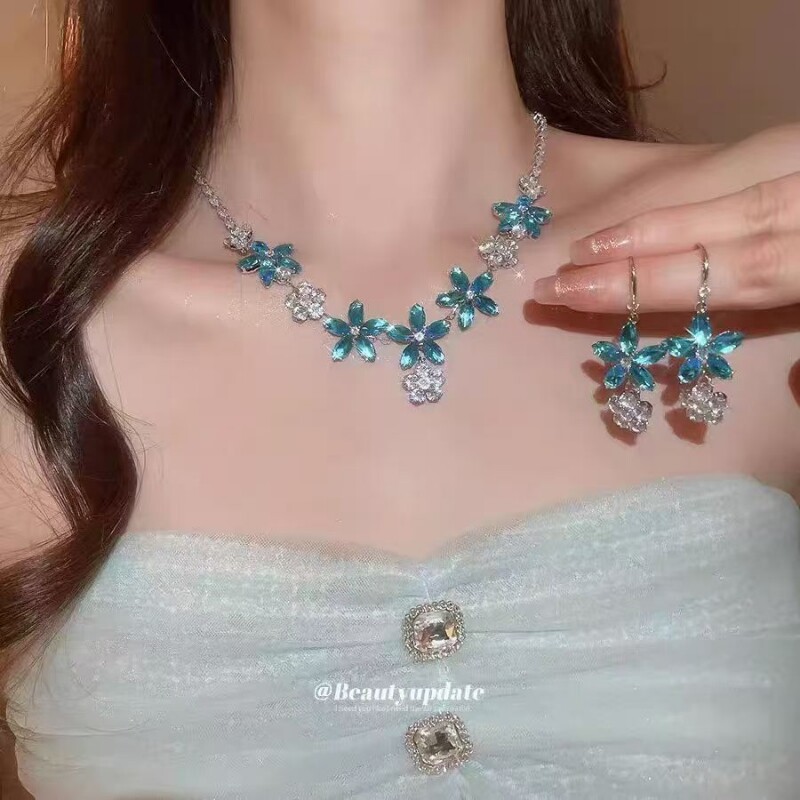 【冰渊蕊绽】复古宫廷风蓝色花朵项链耳环套装轻奢高级锁骨链颈链