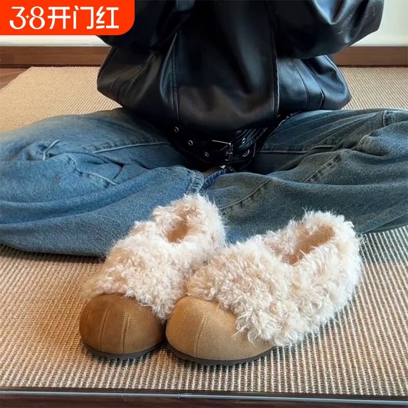 风靡家~复古风圆头猫爪内增高加绒包跟勃肯鞋女通勤保暖毛毛棉鞋