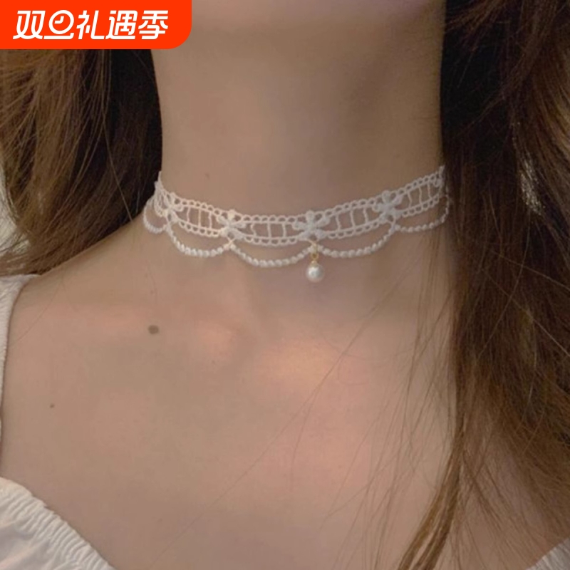 choker项链女白色蕾丝珍珠颈链少女气质项圈颈带超仙锁骨链脖饰