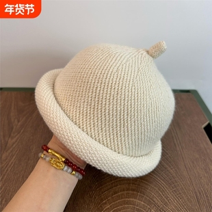 日系秋冬季针织奶嘴帽保暖卷边毛线瓜皮帽小众男女同款针织帽子潮