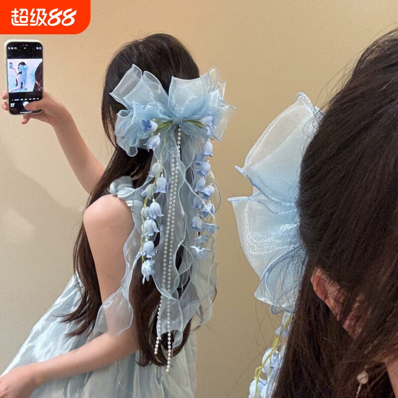 BXA蓝色紫铃兰花蝴蝶结发夹图片