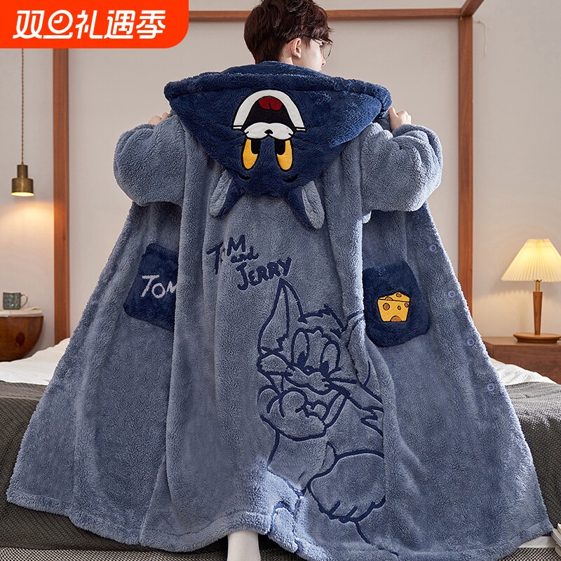 男士睡衣秋冬款珊瑚绒加厚加绒大码胖哥哥睡袍冬季学生家居服套装