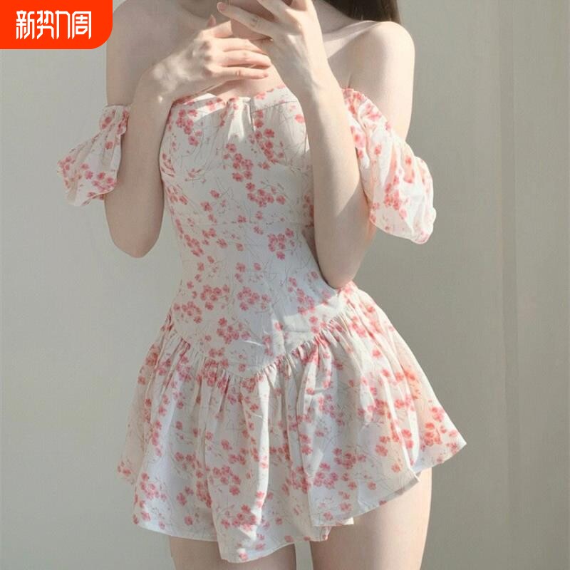 2025新款连体泳衣女士高级感裙式遮肚显瘦保守碎花大码温泉游泳装