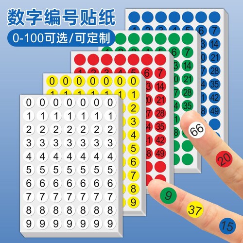 数字贴纸1-100序号小号圆形彩色不干胶标签贴纸防水1到10号码编号贴自粘贴带背胶圆点数字便签分类顺序贴纸