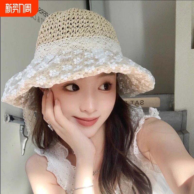 草帽女新款日系小清新蕾丝草编帽子夏季出游防晒帽大檐沙滩遮阳帽