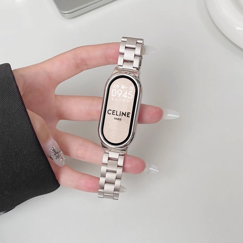 适用小米手环9/10表带8nfc版新款细款小三珠金属不锈钢钢带智能运动八九十男女高级感金属表链替换带配件通用