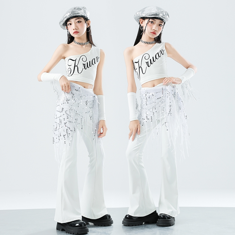 儿童爵士舞服装潮酷时髦演出服女童走秀潮服女孩街舞练功白色套装