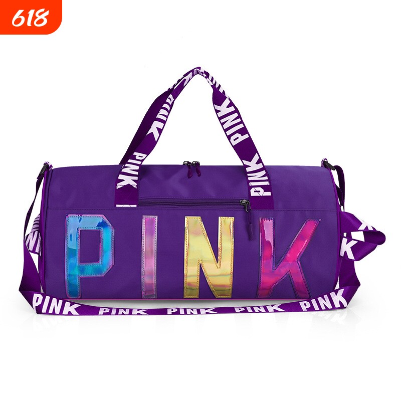 新款镭射PINK旅行包运动包健身包圆筒手提单肩大容量包包男潮流