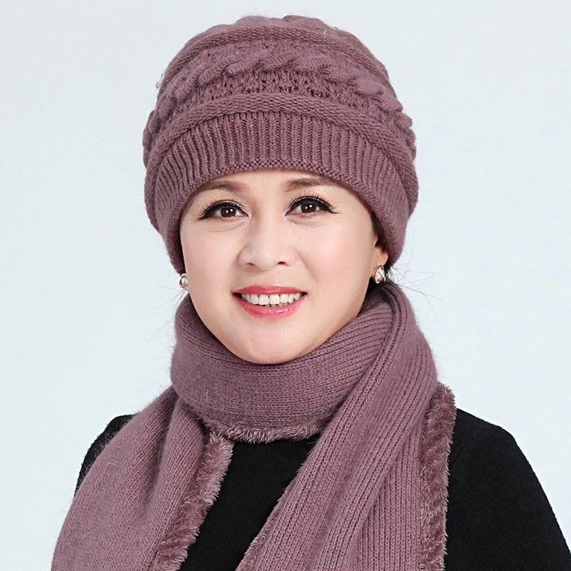 中老年人帽子女士冬天毛线帽老年兔毛老人女奶奶冬季妈妈围巾立体
