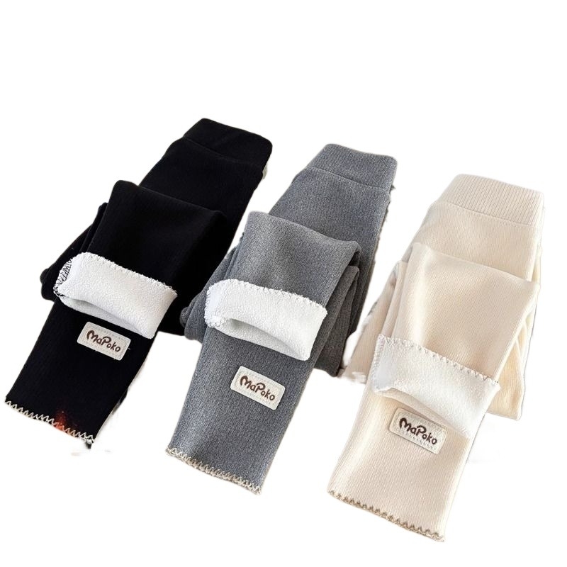 女童打底裤冬季加绒加厚新款简约花边贴身儿童保暖裤T192针织白色