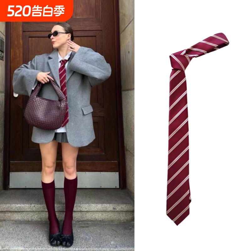 秀场同款复古安哥拉红条纹领带手打精致女士百搭秋冬内搭复古