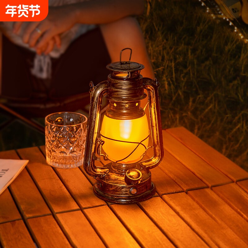 可充电太阳能露营灯 三色光可调野营手提灯 户外复古马灯氛围灯