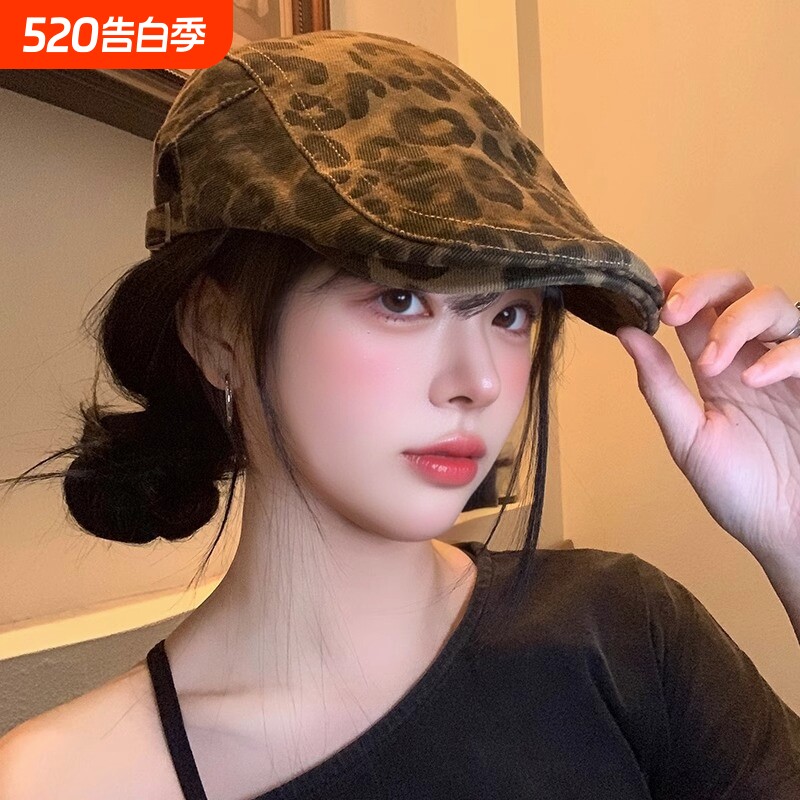 豹纹前进帽美式复古y2k辣妹贝雷帽女秋小众大头围百搭显脸小帽子