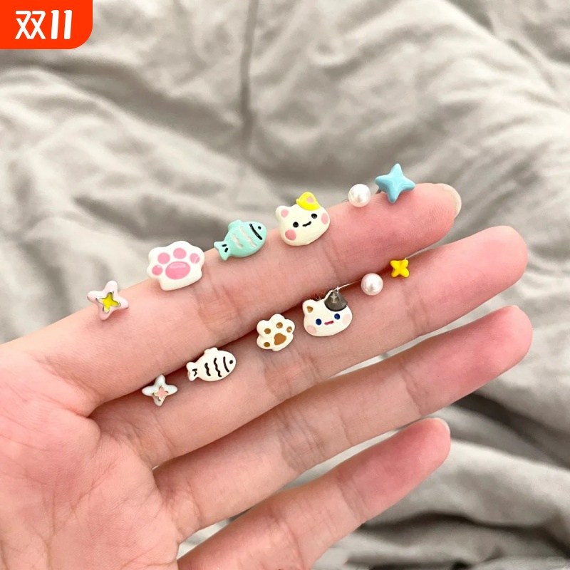 猫猫和小鱼~可爱套装耳钉女小众设计甜美耳环森系新款ins爱心星星