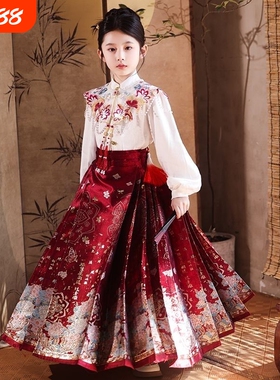 中国风女童马面裙套装改良古风小女孩唐装儿童国学服汉服春款红色