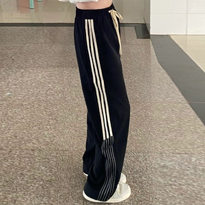 黑色条纹运动裤女春秋2024新款高腰垂感阔腿宽松直筒休闲美式卫裤
