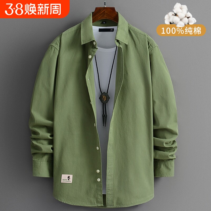 工装衬衫男士长袖春秋季薄款宽松休闲港风丝光棉衬衣纯棉绿色黑色