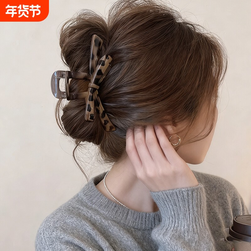 高级感豹纹蝴蝶结抓夹女2025新款高级感大号发量多鲨鱼夹发夹发饰
