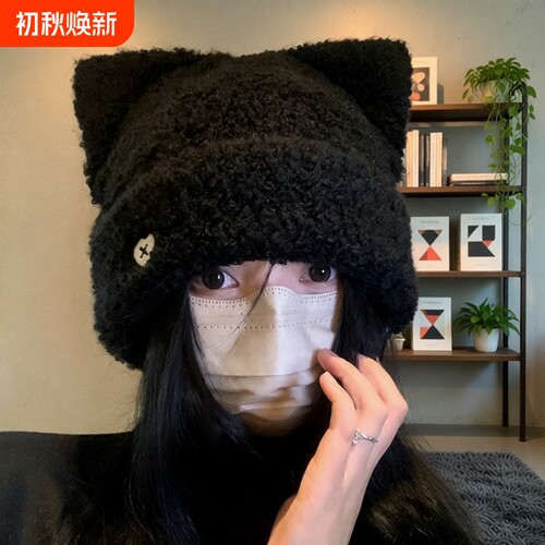 毛绒猫耳毛线帽女秋冬大头围加厚
