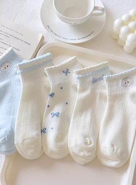 蝴蝶结袜子女短袜夏季薄款透气浅口船袜日系白色防臭短筒卡通条纹